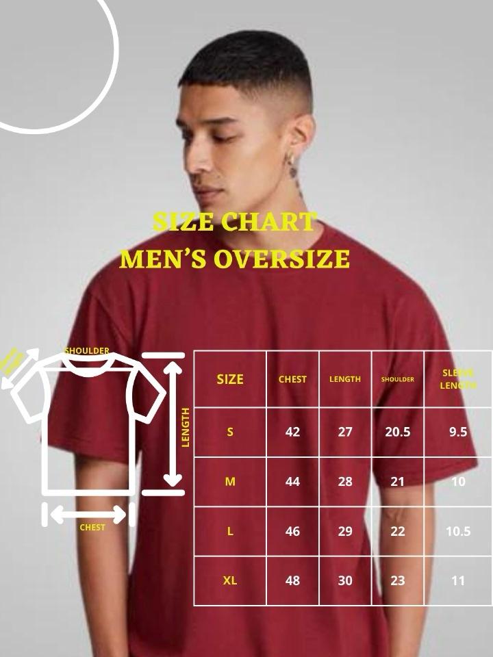 SHRVY men’s oversize size chart supplied by the brand